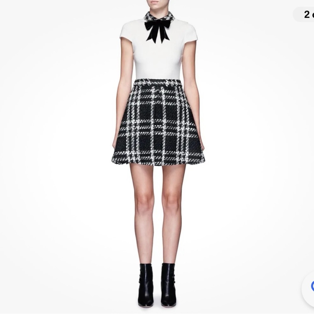Alice + Olivia Gail Bow Collar Dress Check Tweed Wool Black Plaid Size